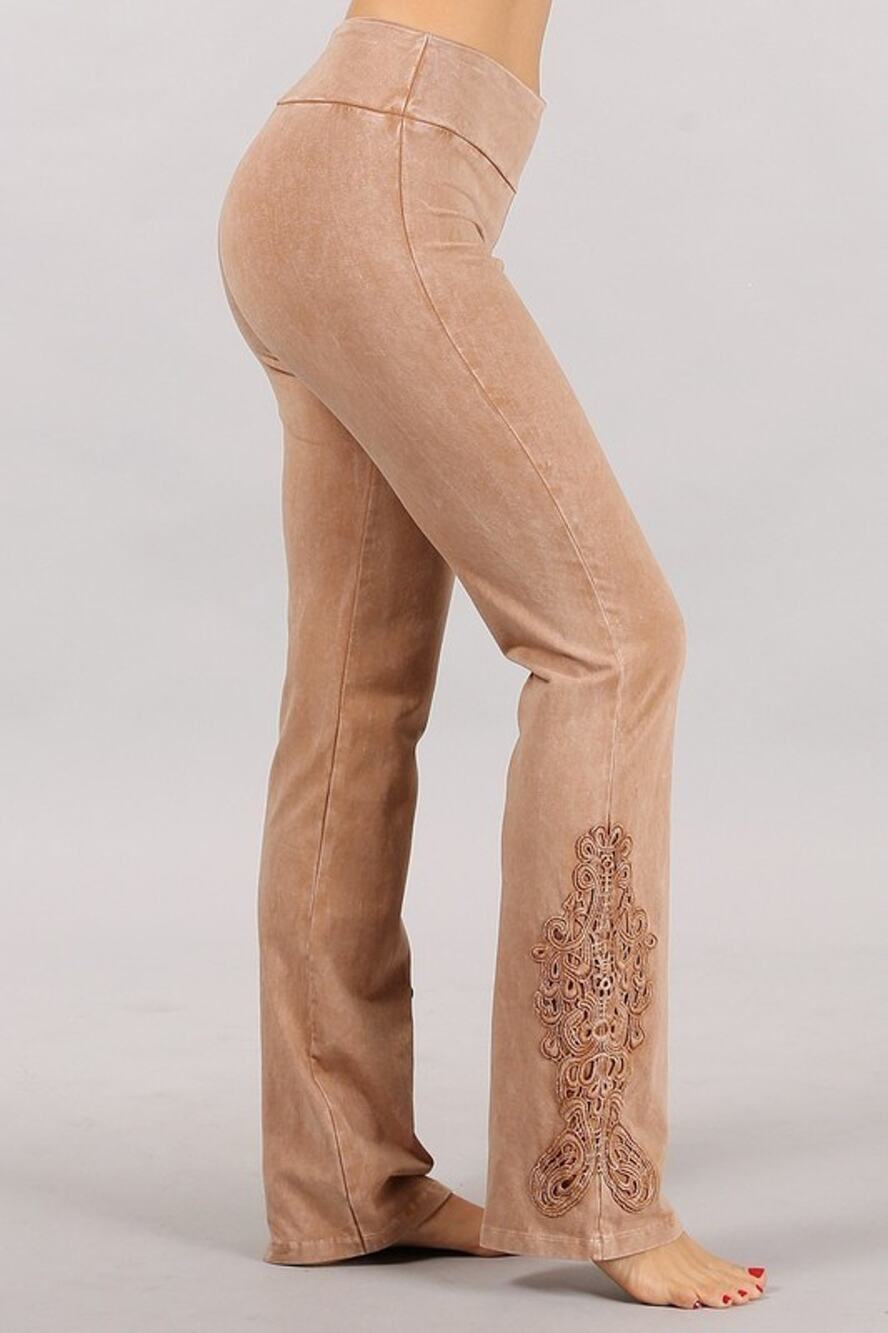 Plus Size Mineral Wash Bootcut Crochet Lace Camel 1XL